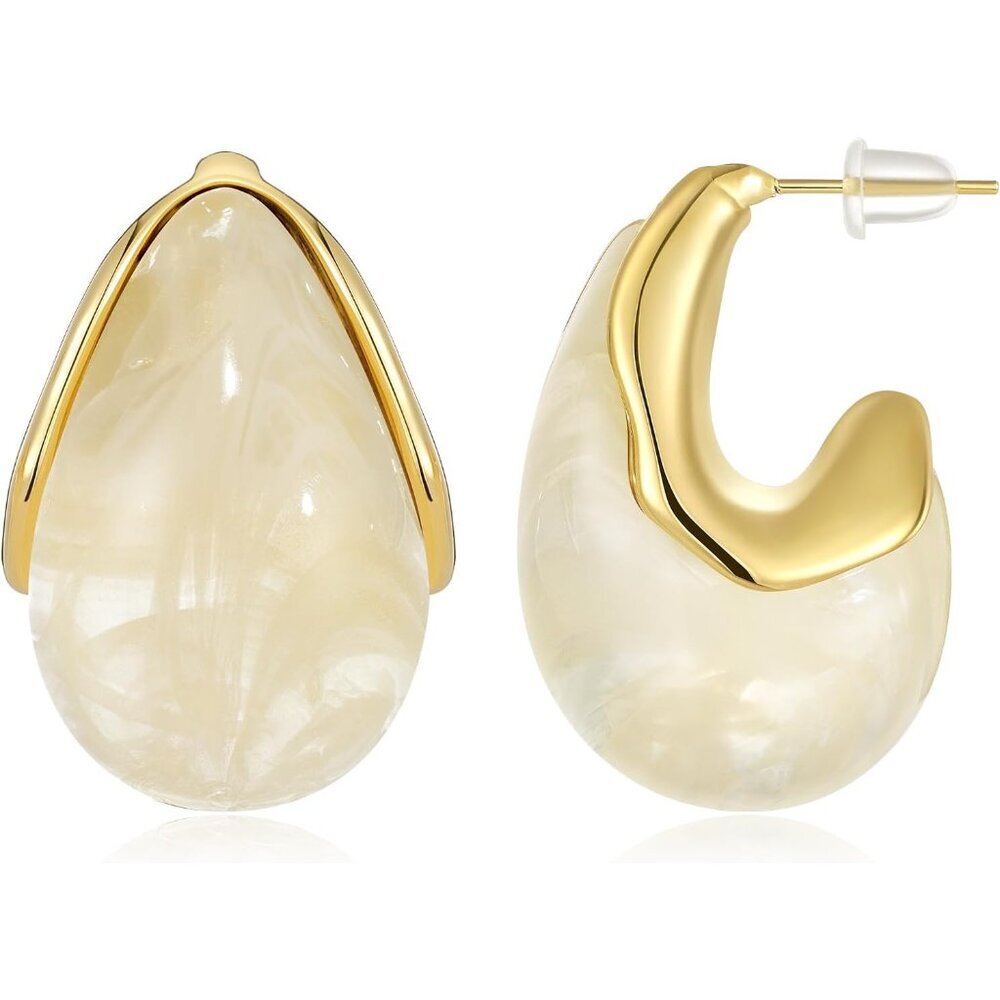 Vintage resin teardrop hoop earrings for women, lightweight, hypoallergenic, 14K
